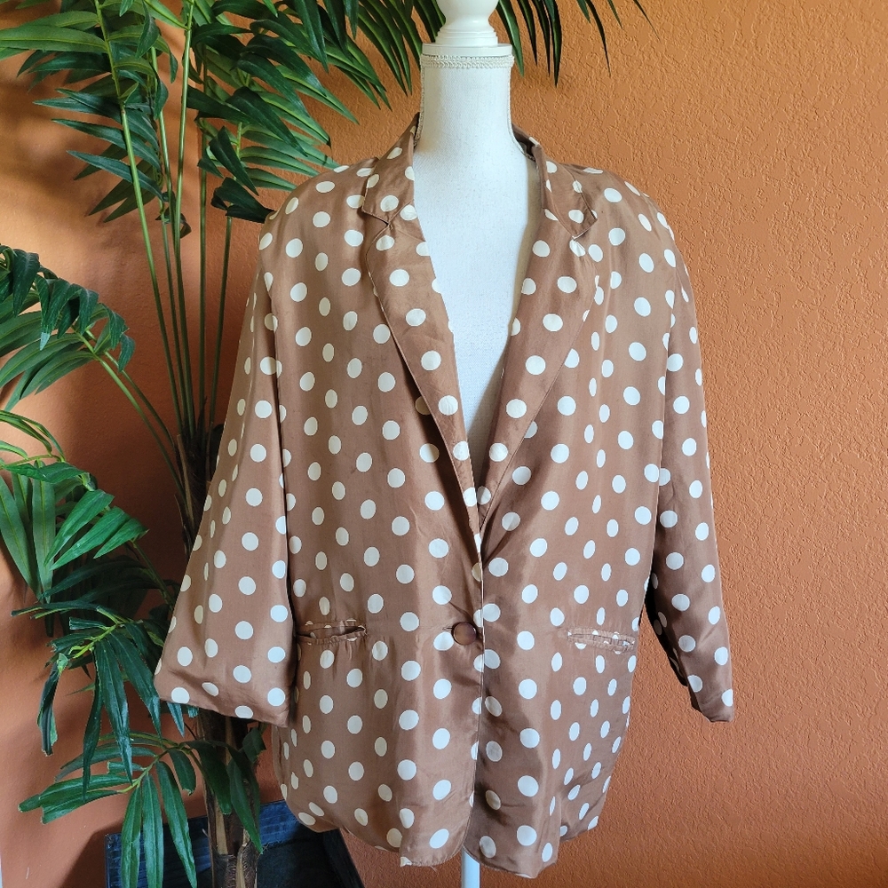 Vintage Croquet Club Polka Dot Oversize Silk Jacket Tan Cream Front Button Large
